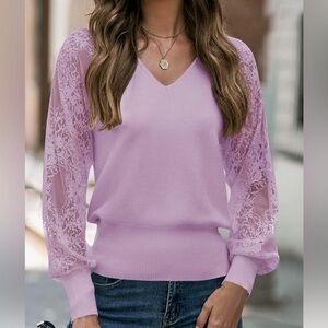 Merokeety Lilac V-Neck Sweater with Lace Sleeves